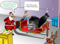 Cartoon of Santa Claus and a workshop employee with a sleigh and engine, with space for text.