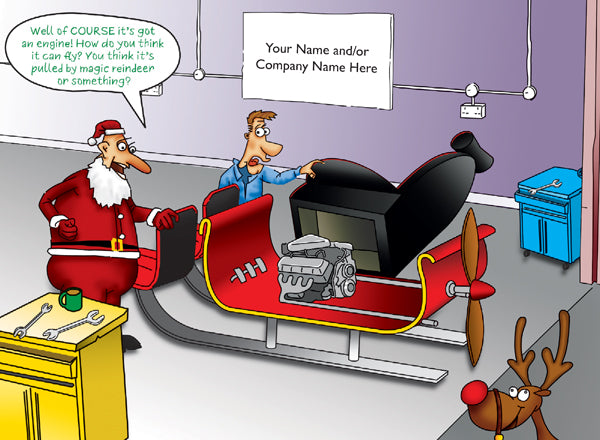 Cartoon of Santa Claus and a workshop employee with a sleigh and engine, with space for text.