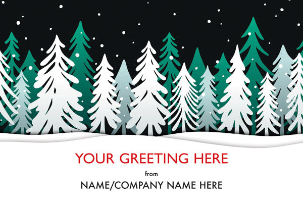 Winter landscape with trees and snow, customizable text area for greeting and name.