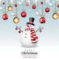Snowman with a striped scarf and top hat surrounded by Christmas ornaments on a light blue background.