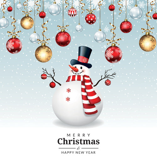 Snowman with a striped scarf and top hat surrounded by Christmas ornaments on a light blue background.