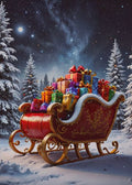 Red sleigh with colorful presents against a snowy night sky with trees.