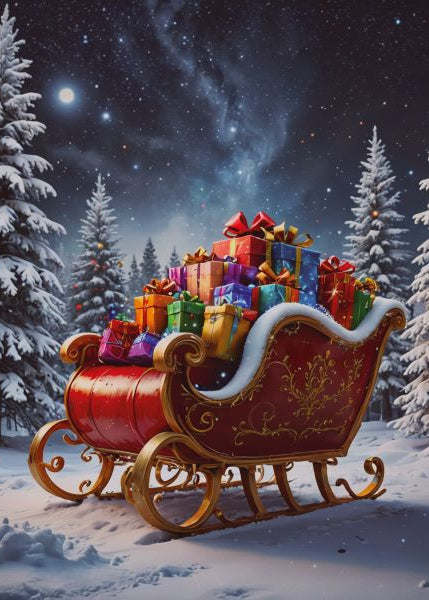 Red sleigh with colorful presents against a snowy night sky with trees.