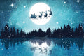 Silhouette of Santa Claus in a sleigh with reindeer against a night sky with a full moon and stars.