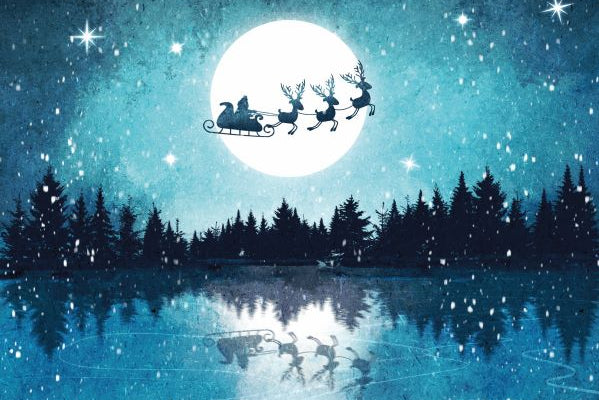 Silhouette of Santa Claus in a sleigh with reindeer against a night sky with a full moon and stars.