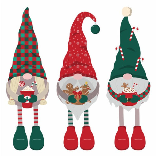 Three festive Christmas gnome illustrations standing side by side on a plain white background. Each gnome has a tall pointed hat, a white beard, striped legs, and holiday-themed accessories including candy canes, gingerbread cookies, and a mug.
