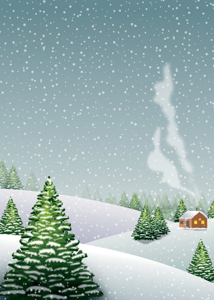 Winter landscape with snow-covered trees and a house, under a starry sky.