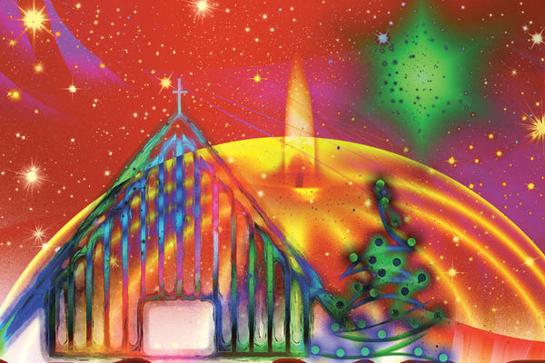Colorful illustration of a church, rainbow, and Christmas tree against a starry night sky.