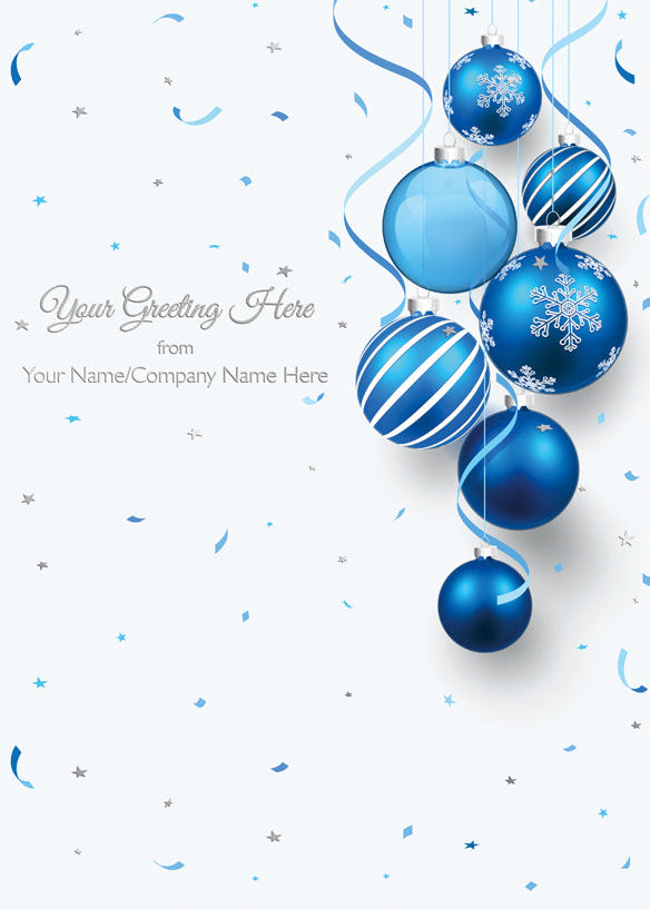 Blue Christmas ornaments with ribbons on a white background