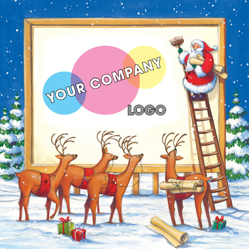 Cartoon Santa Claus on a ladder with reindeer and Christmas trees, ready for a personalized logo.