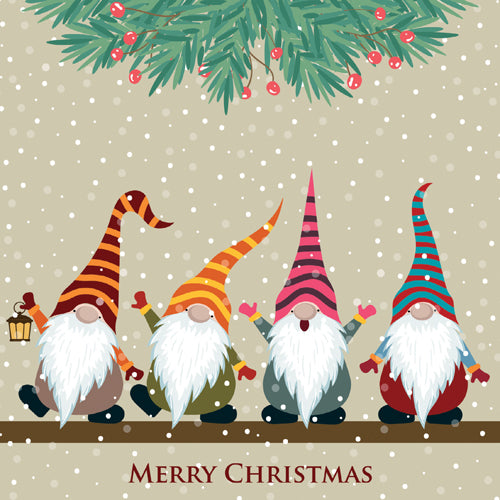 Four colorful gnomes with striped hats on a beige background with snowflakes and Christmas tree branches.