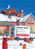 Christmas-themed promotional card with Santa Claus, elves, and a truck delivering gifts.