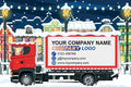 Red truck with a snowy town background and space for branding.
