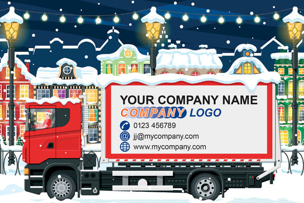Red truck with a snowy town background and space for branding.