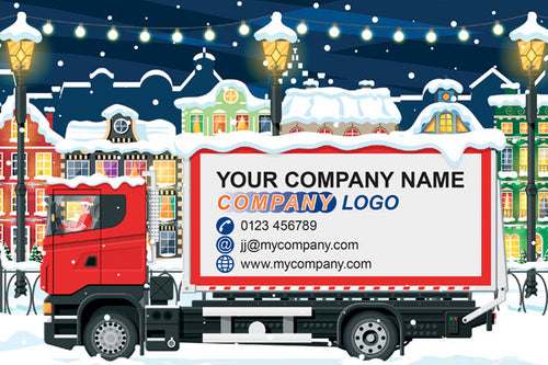 Red truck with a snowy town background and space for branding.