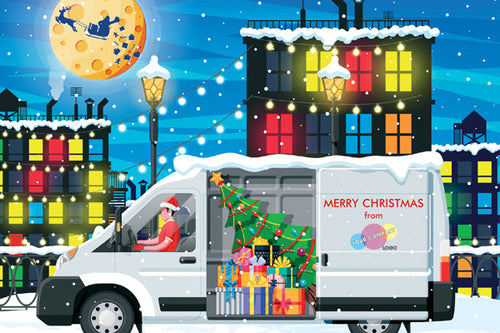 Illustration of a festive van with Christmas decorations in a snowy cityscape.