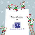 Christmas card with elves and 'Merry Christmas from JG James Gardiner & Co' text on a blue background with snowflakes.