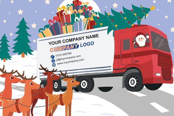Red truck with Santa driving, surrounded by Christmas trees and deer, on a snowy road.