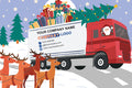 Red truck with Santa driving, surrounded by Christmas trees and deer, on a snowy road.
