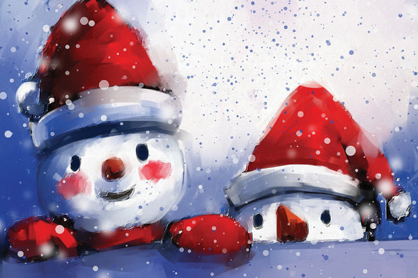 Two snowmen wearing red hats and scarves on a snowy background