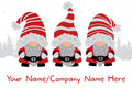 Three cartoon gnomes in red and white hats with a placeholder text for 'Your Name/Company Name Here' on a snowy background.