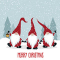 Three festive gnomes with red hats and white beards against a snowy landscape with 'Merry Christmas' text.