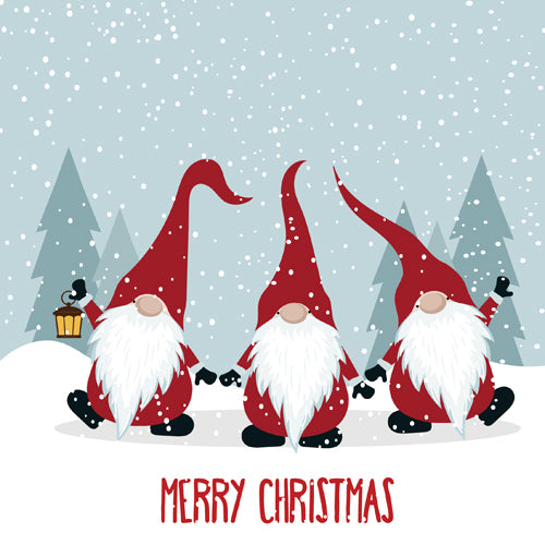 Three festive gnomes with red hats and white beards against a snowy landscape with 'Merry Christmas' text.