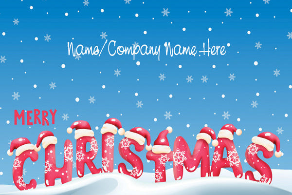 Christmas-themed design with 'Merry Christmas' text and Santa hats on a blue snowy background.