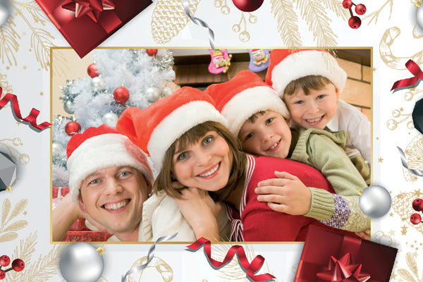 Family photo with Christmas decorations and ornaments