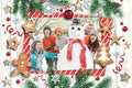 Group of people with a snowman in a festive Christmas border with decorations.