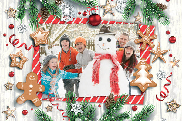 Group of people with a snowman in a festive Christmas border with decorations.