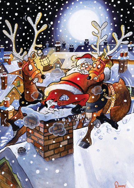 Cartoon Santa Claus riding reindeer over a snowy village with a full moon.