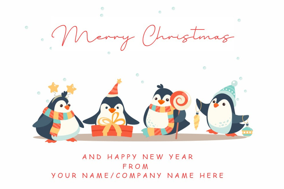 A festive Christmas greeting card design with four cartoon penguins wearing colourful scarves and hats, one holding a lollipop and another standing beside a wrapped gift. The top reads 'Merry Christmas' in red, add your name or company name to the front to create a unique Christmas card