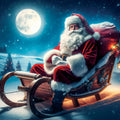 Santa Claus sitting in his sleigh under a full moon on a snowy night.