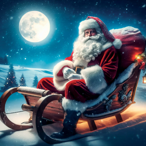 Santa Claus sitting in his sleigh under a full moon on a snowy night.