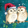 Two owls wearing Christmas hats on a branch with a blue background