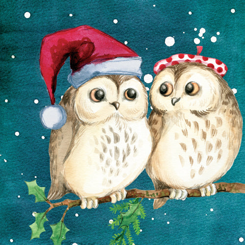 Two owls wearing Christmas hats on a branch with a blue background