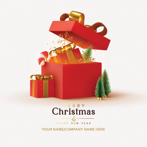 Open red gift box with gold ribbon and Christmas tree, 'Merry Christmas & Happy New Year' text.