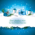 Holiday card with blue gift boxes and snowflakes on a blue background