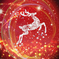 Decorative reindeer design on a red background with stars and sparkles