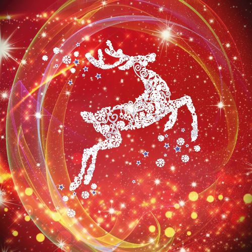 Decorative reindeer design on a red background with stars and sparkles