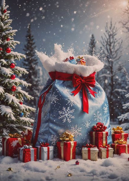 Large blue sack with red ribbon surrounded by Christmas presents in a snowy forest setting