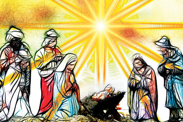 Colorful illustration of the nativity scene with three wise men and a bright star in the sky.