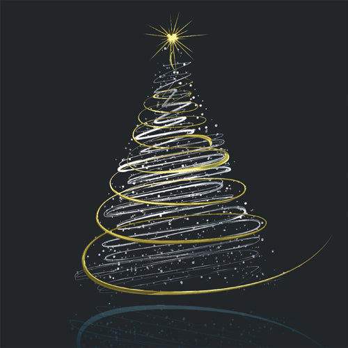 Decorative Christmas tree made of white lines on a black background with a gold star at the top.