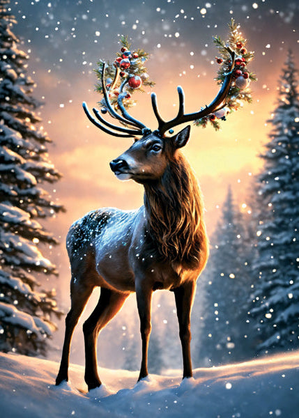 Deer with antlers decorated with berries in a snowy forest
