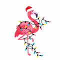 A pink flamingo illustration wearing a red Santa hat and wrapped in multicolored Christmas lights on a white background.