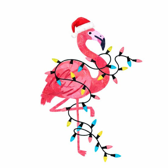 A pink flamingo illustration wearing a red Santa hat and wrapped in multicolored Christmas lights on a white background.