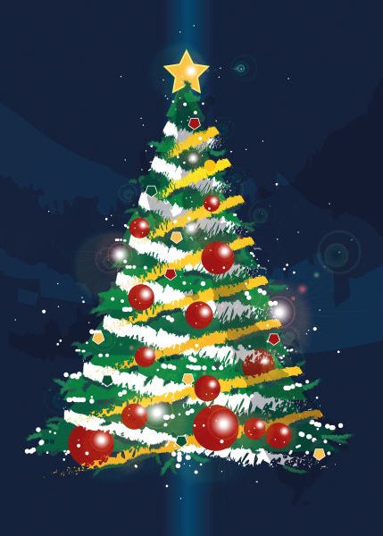 Decorated Christmas tree with red ornaments and a yellow star on a dark blue background