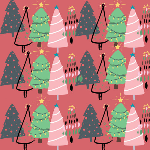 Pattern of Christmas trees and sleighs on a red background