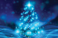 Blue Christmas tree with sparkling lights against a dark blue background